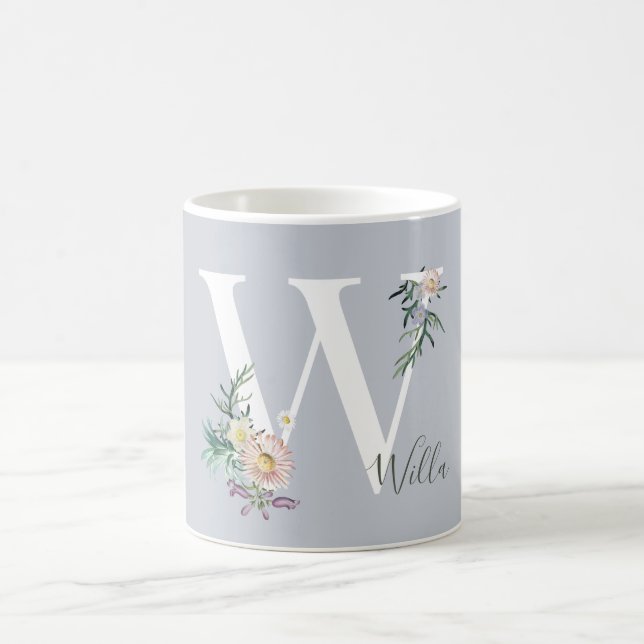 Monogram Letter W Floral Personalized Coffee Mug (Center)
