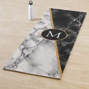 Monogram Letter Yoga Mat Black White Marble Stone