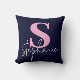 Monogram Lettered Script Navy Pink Throw Pillow
