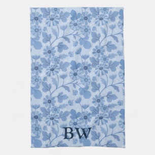Monogram Light Blue and Navy Floral Pattern Tea Towel