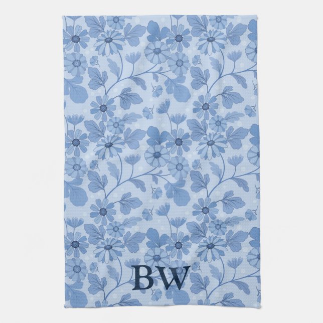 Monogram Light Blue and Navy Floral Pattern Tea Towel (Vertical)