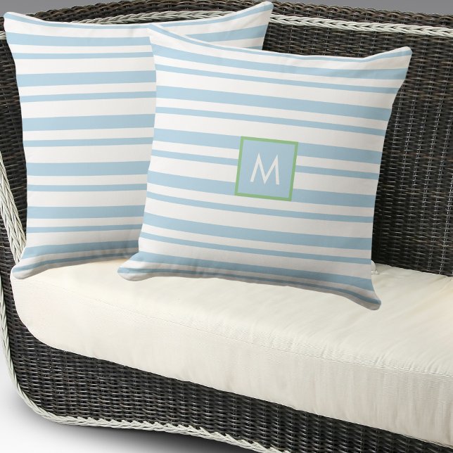 Monogram Light Blue and White Stripes Beach House Cushion (Creator Uploaded)