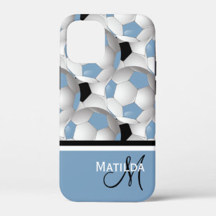 Monogram Light Blue Black Soccer Ball Pattern iPhone 12 Mini Case