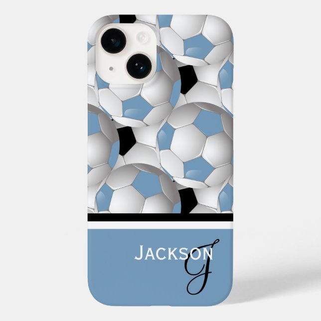Monogram Light Blue Black Soccer Ball Pattern Case-Mate iPhone Case (Back)