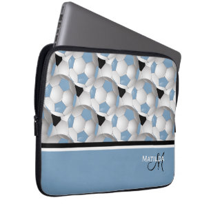 Monogram Light Blue Black Soccer Ball Pattern Laptop Sleeve