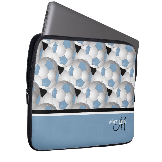 Monogram Light Blue Black Soccer Ball Pattern Laptop Sleeve (Front Right)