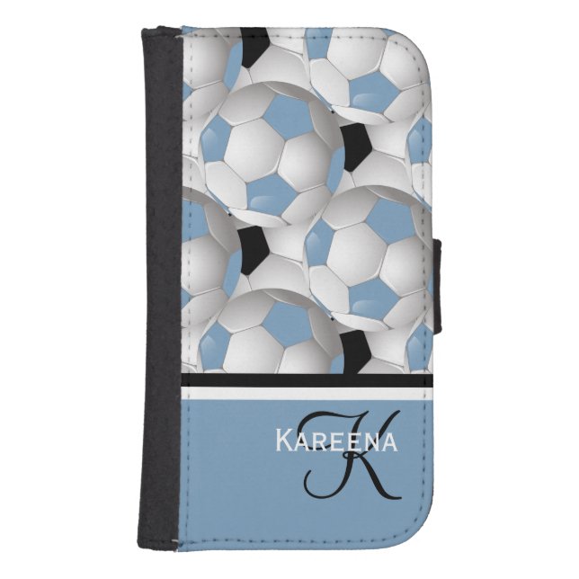 Monogram Light Blue Black Soccer Ball Pattern Samsung Galaxy Wallet Case (Front)