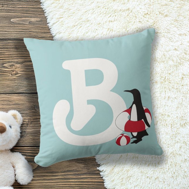 Monogram Light Blue Cute Penguin Kids Cushion (Creator Uploaded)