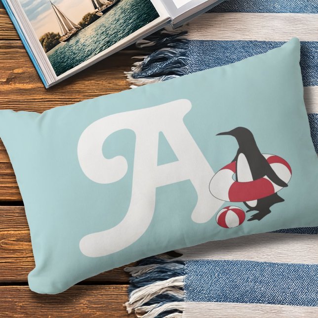 Monogram Light Blue Cute Penguin Kids Outdoor Lumbar Cushion (Creator Uploaded)