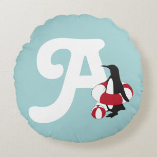 Monogram Light Blue Cute Penguin Swimming Kids Round Cushion