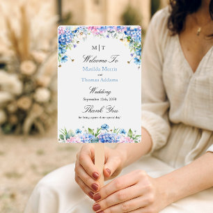 Monogram Light Blue Hydrangea Wedding Program Hand Fan