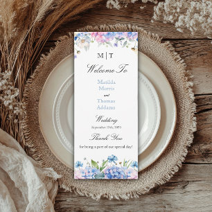 Monogram Light Blue Pink Hydrangea Wedding Program