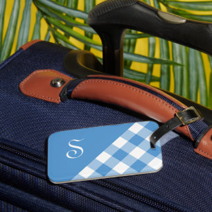 Monogram Light Blue White Buffalo Check Geometric Luggage Tag