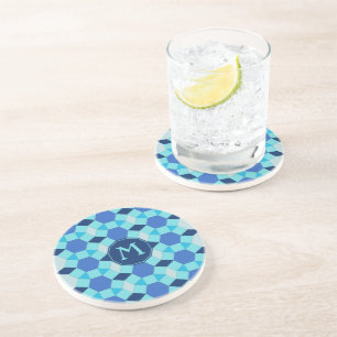 Monogram light dark blue pattern coaster