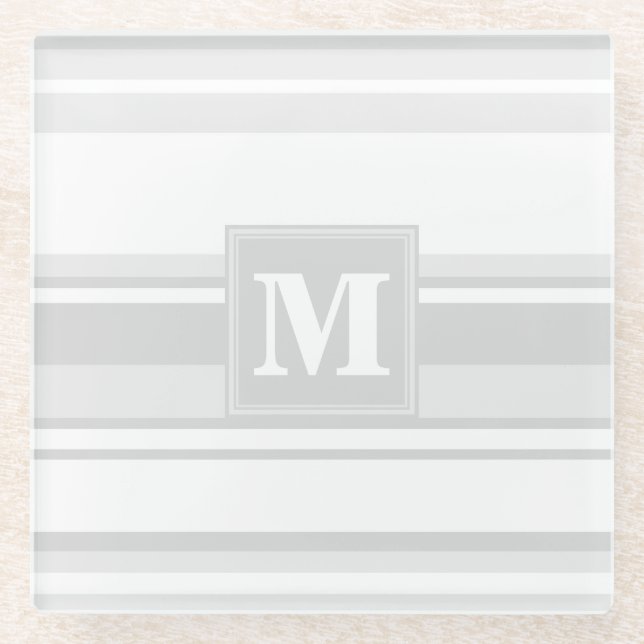 Monogram light grey stripes glass coaster (Front)