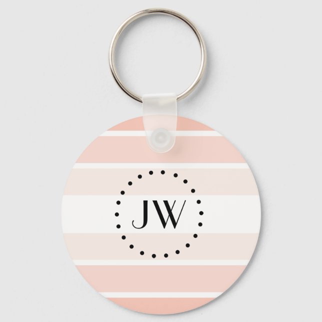 Monogram Light Pink Coral Pastel Stripes Keychain (Front)