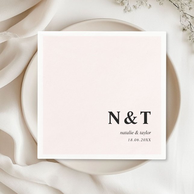 monogram light pink napkin (Monogram, modern, simple, elegant light-pink napkins, with your names and date.)