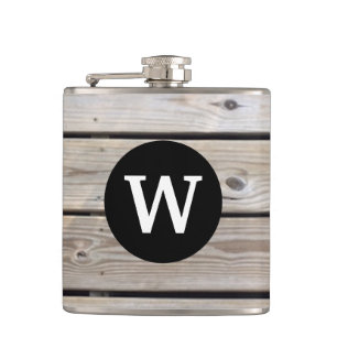 Monogram Light Rustic Wood  Hip Flask