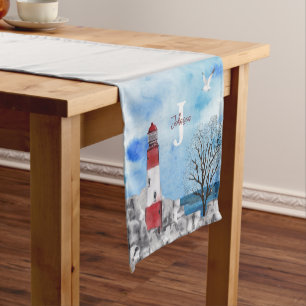Monogram Lighthouse Watercolor Scene Short Table Runner