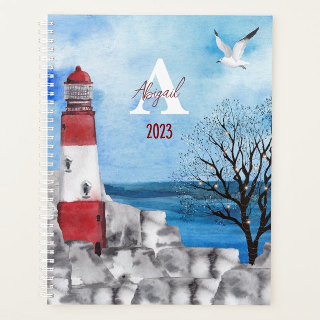 Monogram Lighthouse Watercolor Scene Year Planner (Front)