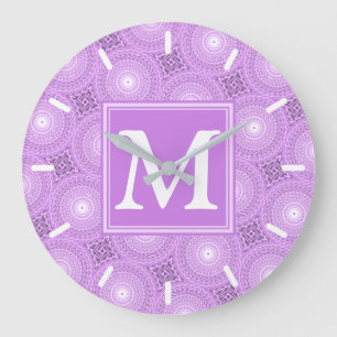 Monogram lilac purple circles pattern large clock