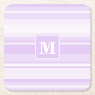 Monogram lilac stripes square paper coaster