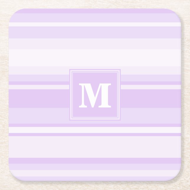Monogram lilac stripes square paper coaster (Front)