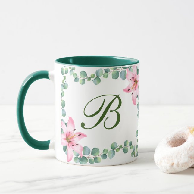 Monogram Lily Flower Pattern Coffee Mug (With Donut)