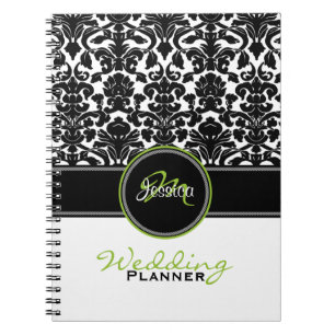 Monogram Lime Black White Damask Wedding Planner Notebook