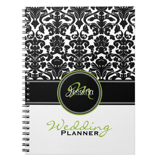 Monogram Lime Black White Damask Wedding Planner Notebook (Front)