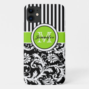 Monogram Lime Black White Striped Damask iPhone 11 iPhone 11 Case