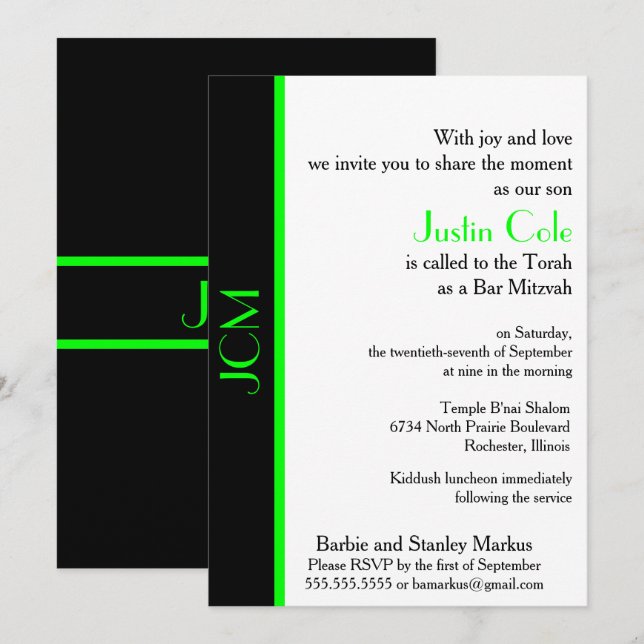 Monogram Lime Green Black Bar Mitzvah Invitation (Front/Back)