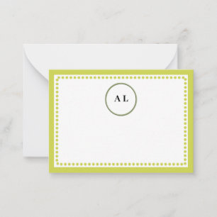Monogram Lime Green Dotted Border Custom Initials Card
