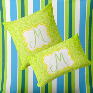 Monogram Lime Green Floral Outdoor Pillow