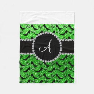 Monogram lime green glitter black high heels bow fleece blanket