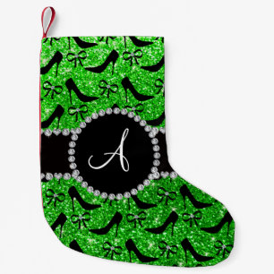 Monogram lime green glitter black high heels bow small christmas stocking