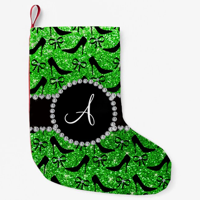 Monogram lime green glitter black high heels bow small christmas stocking (Front)