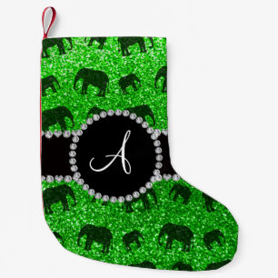 Monogram lime green glitter elephants small christmas stocking