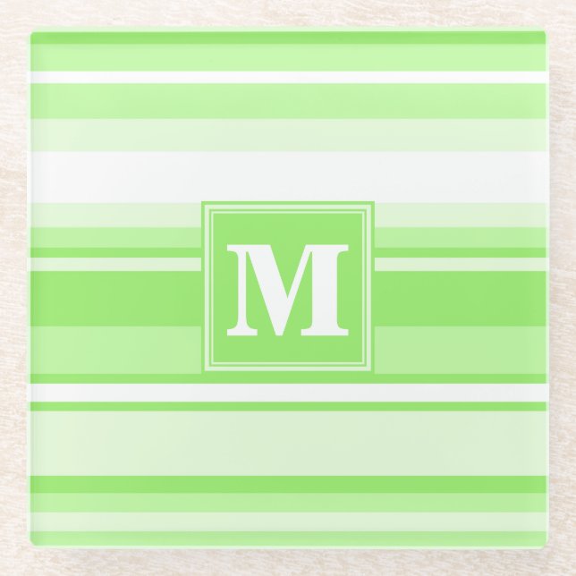 Monogram lime green stripes glass coaster (Front)