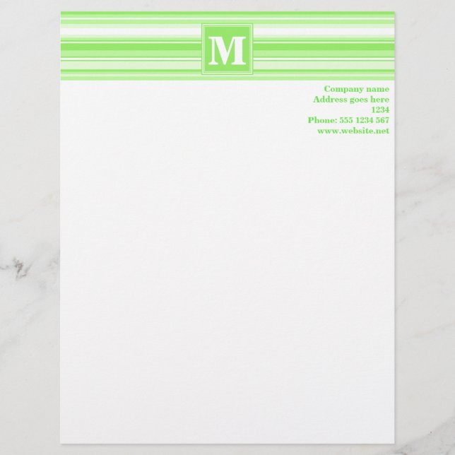 Monogram lime green stripes letterhead template (Front)
