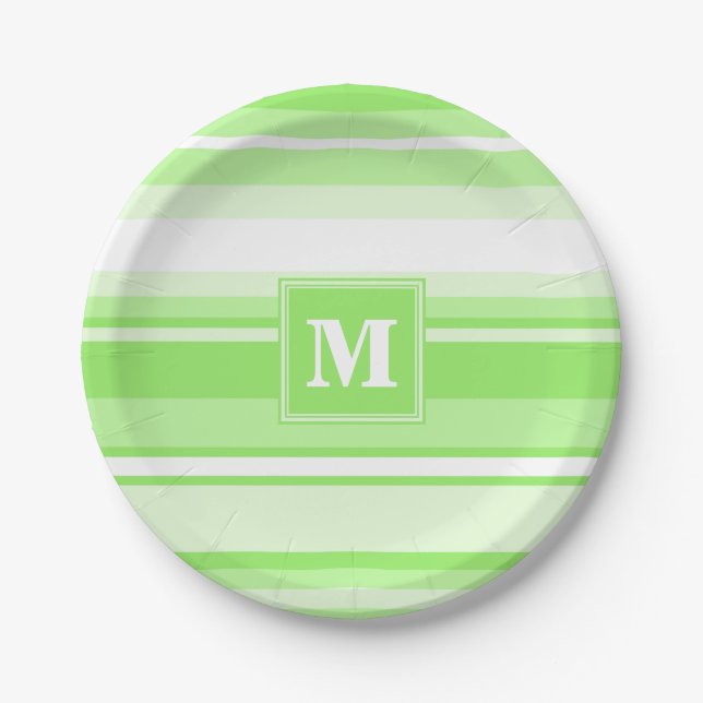 Monogram lime green stripes paper plate (Front)
