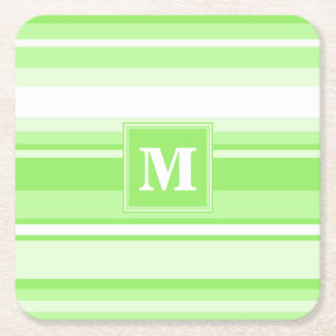Monogram lime green stripes square paper coaster
