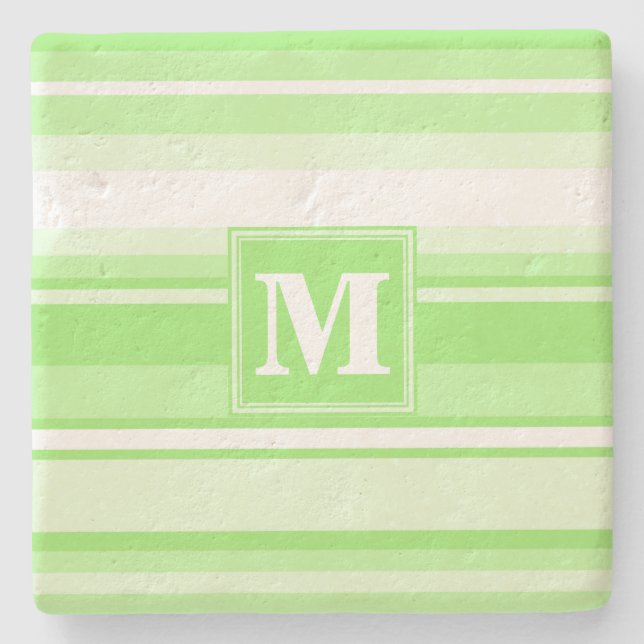 Monogram lime green stripes stone coaster (Front)