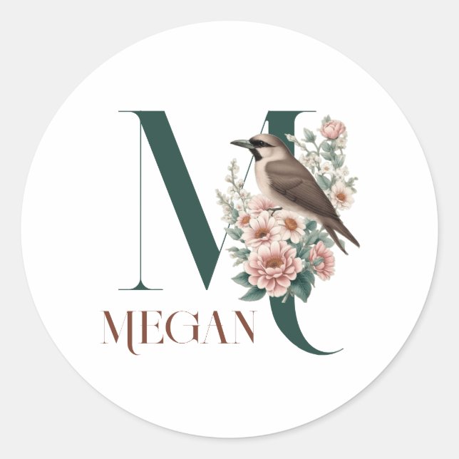 Monogram Little Bird Custom Personalised Initials Classic Round Sticker (Front)