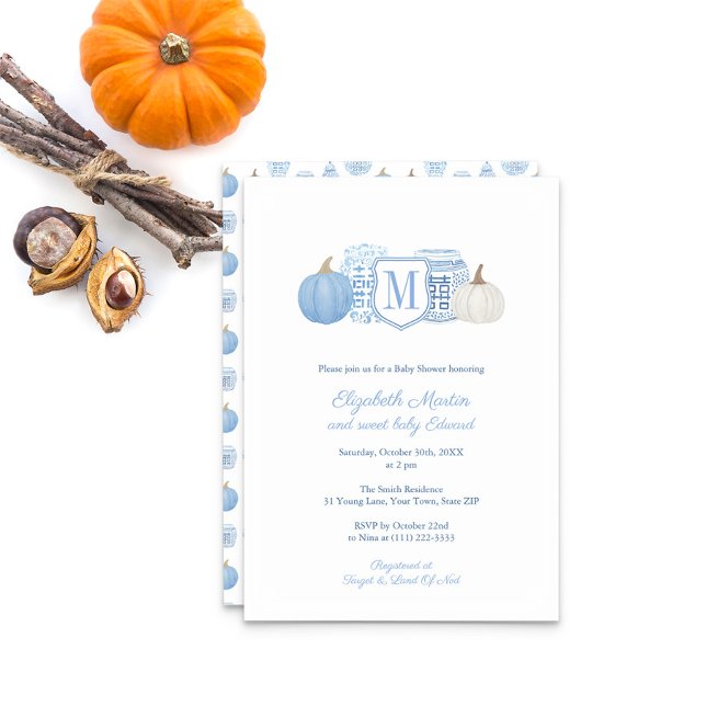 Monogram Little Pumpkin On The Way Boy Baby Shower Invitation (Blue And White Monogram Pumpkins Ginger Jar Baby Shower Party Invitation)