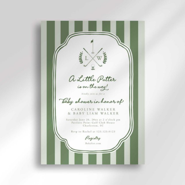Monogram Little Putter on Way Golf Baby Shower Invitation (Creator Uploaded)