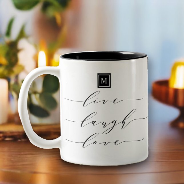 Monogram Live Laugh Love Inspirational Quote Two-Tone Coffee Mug (Inspire your day with this live, laugh, love typography-inspired design featuring a monogram square )