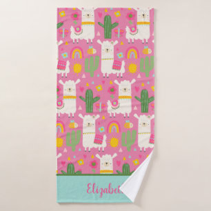 Monogram Llamas Rainbows Green Cactus Pink Girly Bath Towel Set