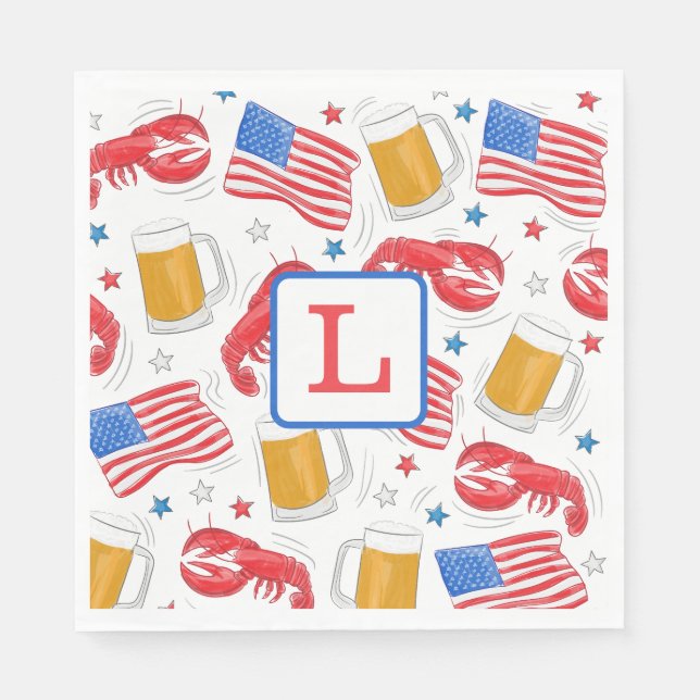 Monogram Lobster Beer Flag Star Paper Plates Napkin (Front)