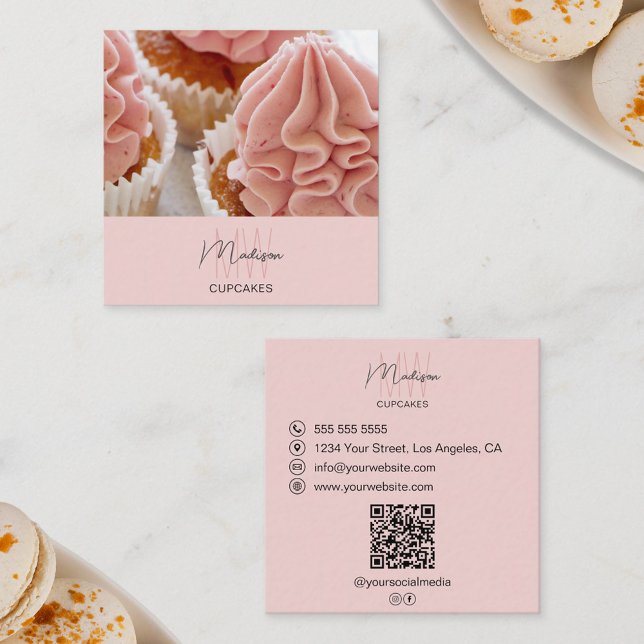 Monogram Logo Bakery Photo QR Pink Busines Square Business Card (Monogram Logo Bakery Photo QR Pink Busines Square Business Card)